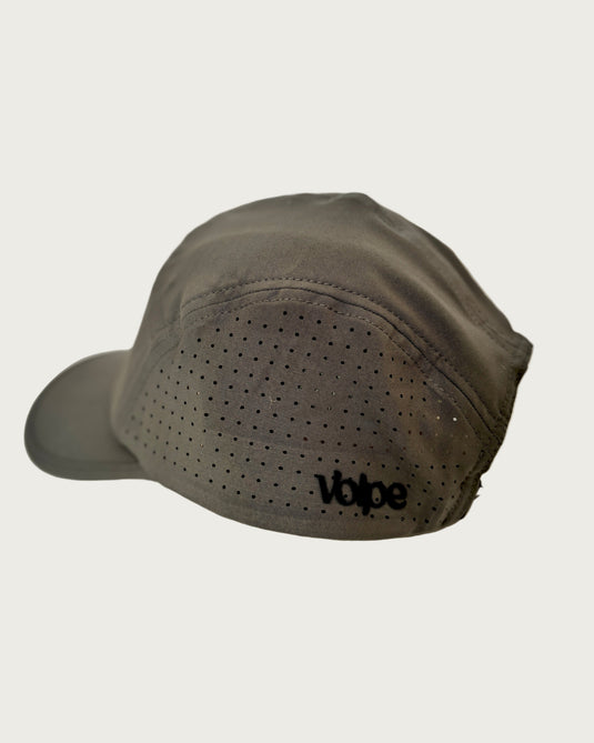 Gray cap with black perforations and 'volpe' branding on a white background