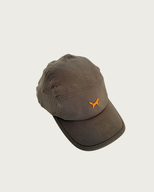 Grey cap with an orange logo on a light gray background